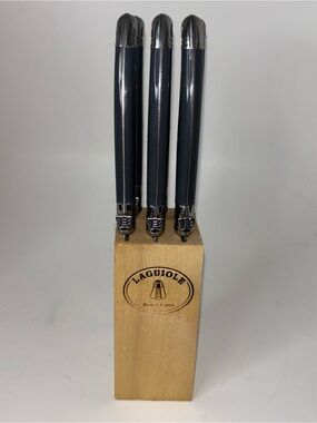 Laguiole Jean Dubost SS 6-Pc STEAK Gray KNIFE SET / Wooden Block France Used but